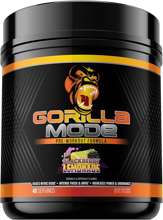 Gorilla Mode Pre Workout - Massive Pumps · Laser Focus · Energy · Power - L-Citrulline, Creatine, L-Tyrosine, Betaine, Hydroprime®, Alpha-GPC, 400mg Caffeine, Huperzine A – 800g (BlackBerry Lemonade)