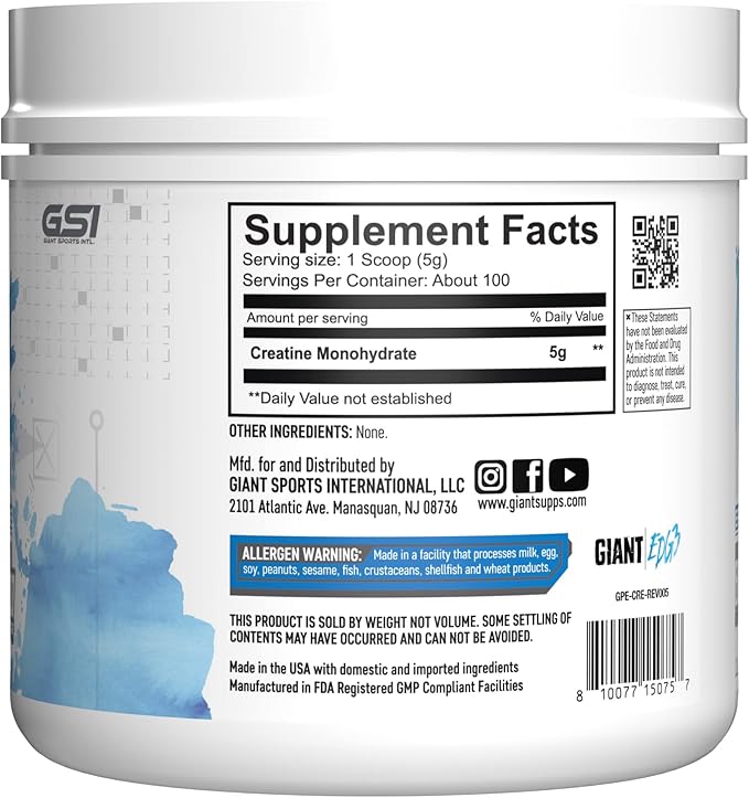 Giant Sports Edge Creatine Monohydrate, 500g - 5g Pure Micronized Creatine per Serving, Support Muscle Energy and Strength, 100 Servings - Unflavored