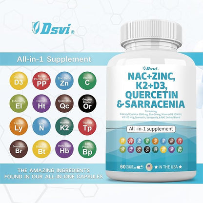 NAC Supplement N-Acetyl Cysteine 1000mg Vitamin D3 K2 Zinc Quercetin 1000mg Sarracenia Purpurea 1000mg with Elderberry Holy Basil Bee Propolis Bromelain L-Lysine for Men and Women,60 Count