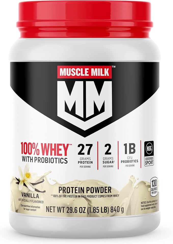 Muscle Milk 100% Whey With Probiotics Protein Powder, Vanilla, 1.85 Pound, 23 Servings, 27g Protein, 2g Sugar, 1B CFU Probiotics, Low in Fat, NSF Certified for Sport, Packaging May Vary