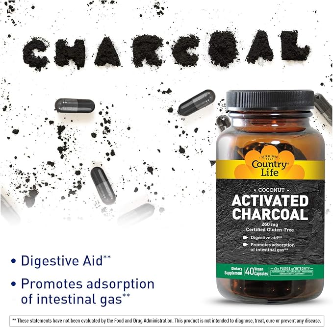 Country Life Activated Charcoal Capsules, 260mg – Natural Charcoal Supplement for Gas and Bloating Relief - Organic Coconut Charcoal, Gluten-Free, Non-GMO, 40 Vegan Capsules
