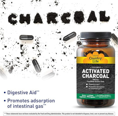 Country Life Activated Charcoal Capsules, 260mg – Natural Charcoal Supplement for Gas and Bloating Relief - Organic Coconut Charcoal, Gluten-Free, Non-GMO, 40 Vegan Capsules