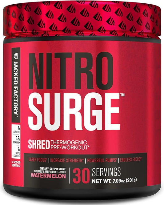 Jacked Factory NITROSURGE Shred Pre Workout Supplement - Energy Booster, Instant Strength Gains, Sharp Focus, Powerful Pumps - Nitric Oxide Booster & PreWorkout Powder - 30Sv, Watermelon