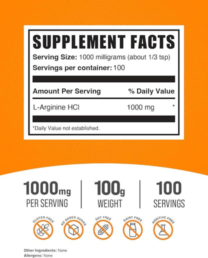 BulkSupplements.com L-Arginine HCl Powder - L-Arginine 1000mg, Arginine Supplement - Nitric Oxide Supplement, Nitric Oxide Powder - Pure & Gluten Free, 1000mg per Serving, 100g (3.5 oz)