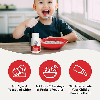 Matys Organic Picky Kids Red Blend, Fruit and Veggie Powder Supplement, Picky Eater Vitamins for Kids 4 Years +, Childrens Superfoods Powder for Meals with Berries, Beets, & Bananas, 1.6 Ounces