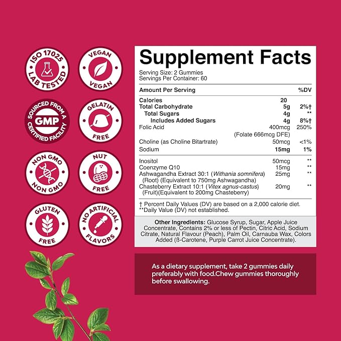 Fertility Gummies for Women Trying to Conceive - Yummy Gummy Fertility Supplement for Women with Myo-Inositol Folic Acid & Vitex Chasteberry - Vegan Non-GMO & Gluten Free - Juicy Peach (60 Servings)