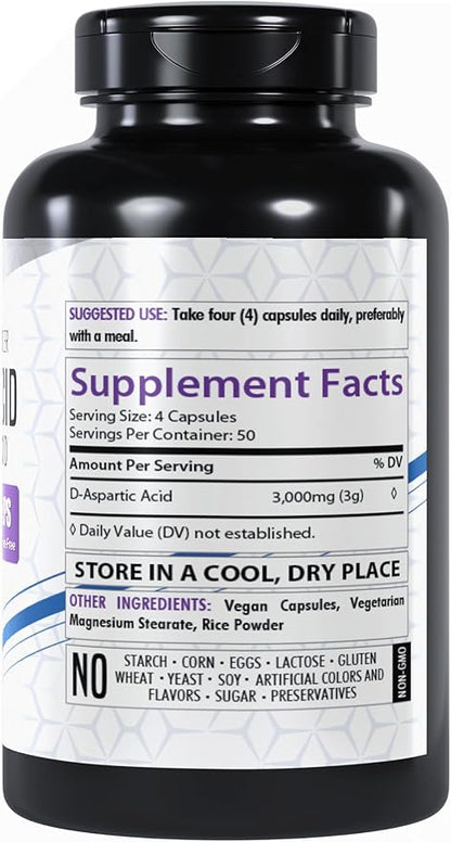 D-Aspartic Acid (DAA) 3000mg | 200 Capsules | DAA Premium Amino Acid | Non-GMO, Gluten Free Supplement