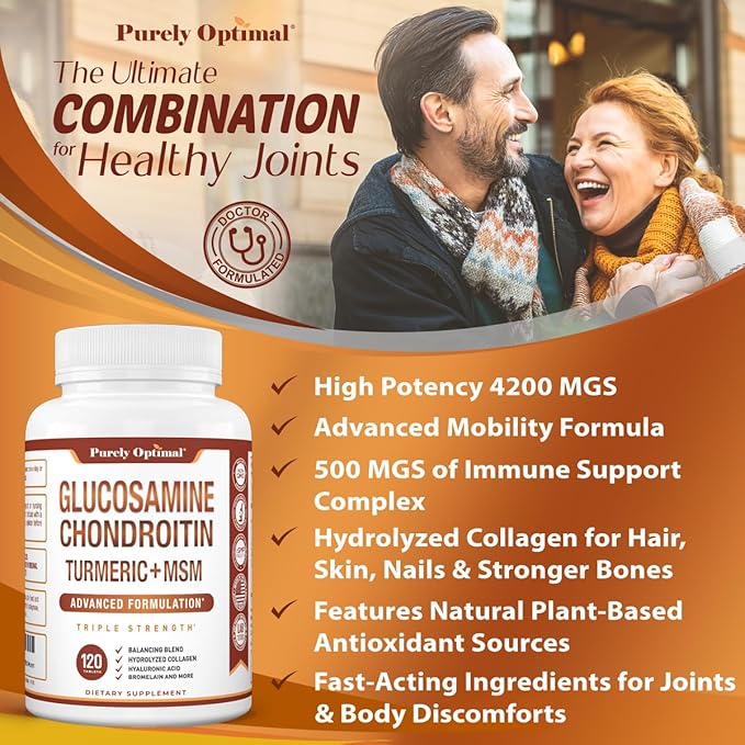 Purely Optimal Glucosamine Chondroitin MSM Supplement w/Turmeric & Boswellia - Glucosamine Sulfate Joint Supplement for Men & Women - 120 Tablets