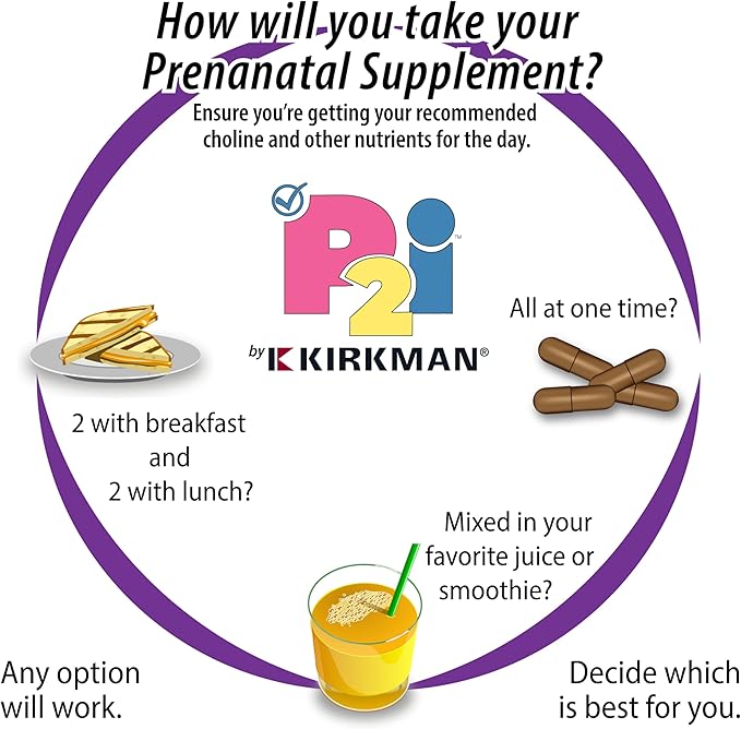 Kirkman P2i Prenatal Vitamins for Women, Multivitamin with Choline, 120 Capsules, Vital Daily Nutritional Support for Healthy Mother & Baby, OBGYN Formulated & Endorsed, Hypoallergenic & Gluten-Free