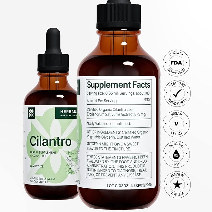 Cilantro Leaf 4 fl oz Liquid Extract - Organic Coriandrum Sativum Drops for Body Cleansing & Detox - Natural Calming Herbal Tincture Supplement for Nervous System - High Potency - 90-Day Supply