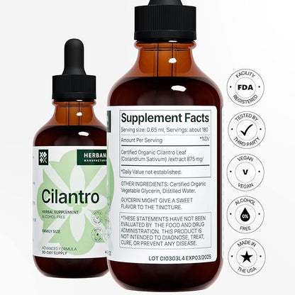 Cilantro Leaf 4 fl oz Liquid Extract - Organic Coriandrum Sativum Drops for Body Cleansing & Detox - Natural Calming Herbal Tincture Supplement for Nervous System - High Potency - 90-Day Supply