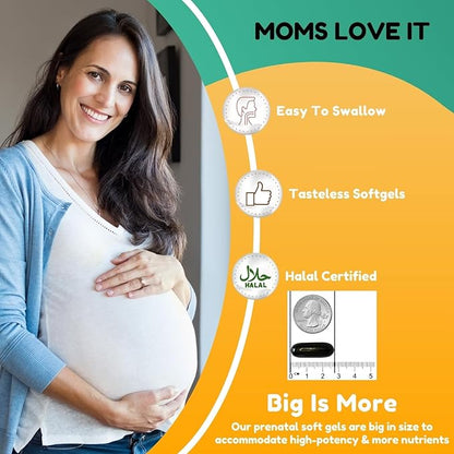 Halal Prenatal Vitamins with DHA and Folic Acid | High Potency 90 Softgels, Keto-Friendly | Vitamin C 120mg, DHA 250mg, Folic Acid 800mg, EPA 90mg, Biotin & Iodine