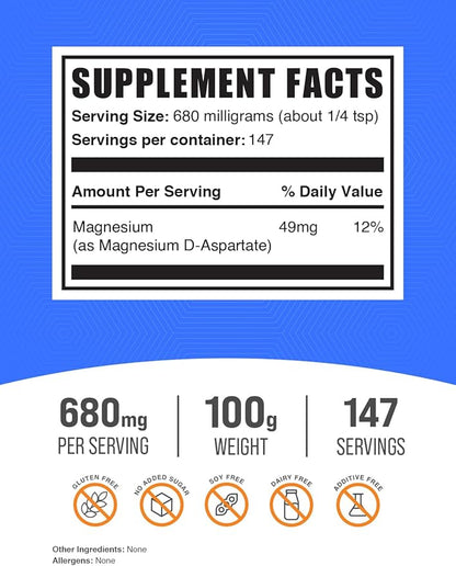 BulkSupplements.com Magnesium D-Aspartate Powder - Magnesium Supplement, High Absorption Magnesium - Gluten Free, 680mg (49mg of Magnesium) per Serving, 100g (3.5 oz) (Pack of 1)