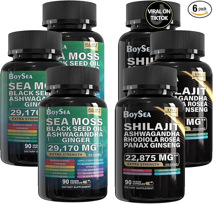 Boysea.sea Moss and shilajit Bundle - 90 Count - Sea Moss 7000mg, Black Seed Oil 4000mg, Ashwagandha 2000mg, Ginger & Shilajit 9000mg, Rhodiola Rosea 1000mg, All in 1 Supplements (3 Pack)