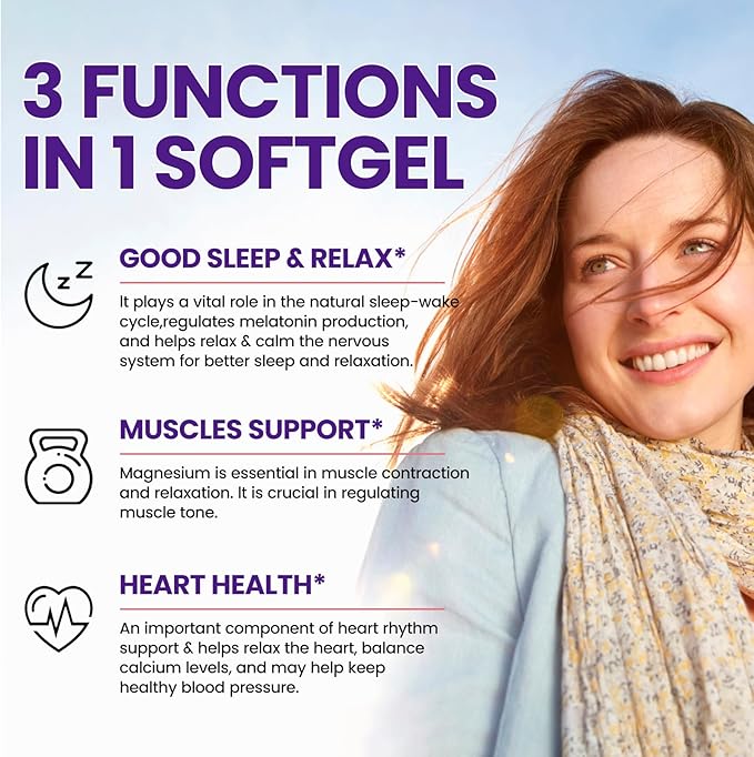 Magnesium Glycinate Softgels, with Vitamin B6, C, D3, Omega-3 | Highly Absorbable Magnesium Supplement for Calm, Muscle & Sleep Support | Easy to Swallow Soft Gels for Women & Men Vegan | 60 Count