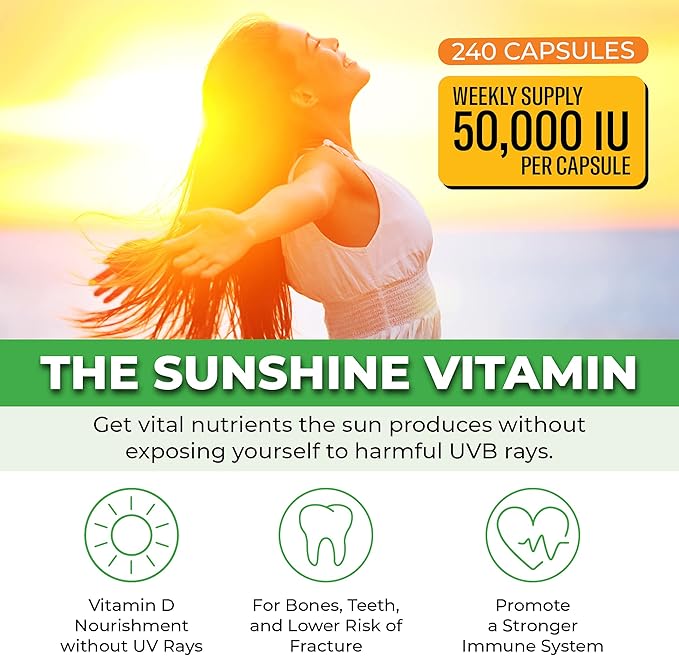 ForestLeaf Vitamin D3 50000 IU - Bone Health and Immune Support - Small Easy to Swallow Vegetable Capsules - Non-GMO Gluten Free VIT D - VIT D3 Vitamin D Supplements for Women and Men, 240 Count