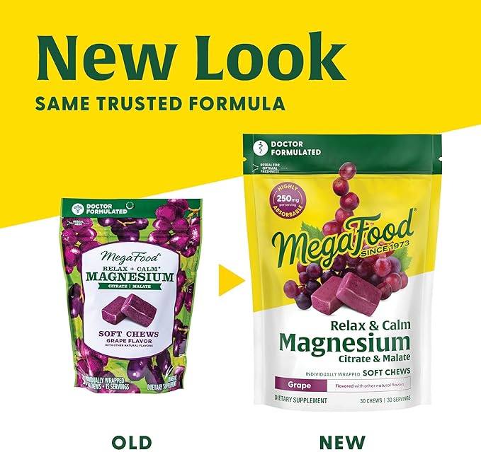 MegaFood Relax + Calm Magnesium Supplement - Soft Chews with Magnesium Citrate & Magnesium Malate for Heart Health, Muscle Tension & More - Vegetarian - Grape-Flavor - 60 Chews (30 Servings)