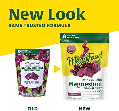 MegaFood Relax + Calm Magnesium Supplement - Soft Chews with Magnesium Citrate & Magnesium Malate for Heart Health, Muscle Tension & More - Vegetarian - Grape-Flavor - 60 Chews (30 Servings)