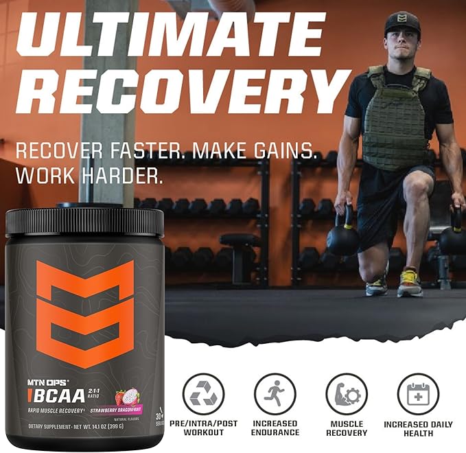 MTN OPS BCAA 2:1:1 Amino Acids Supplement Powder for Rapid Muscle Recovery & Repair with Zero Sugar & Gluten Free (30-Serving Tub, Peach Mango)
