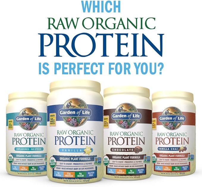 Garden of Life Raw Organic Protein Vanilla Powder, 20 Servings - Certified Vegan, Gluten Free, Organic, Non-GMO, Plant Based Sugar Free Protein Shake with Probiotics & Enzymes, 4g BCAAs, 22g Protein