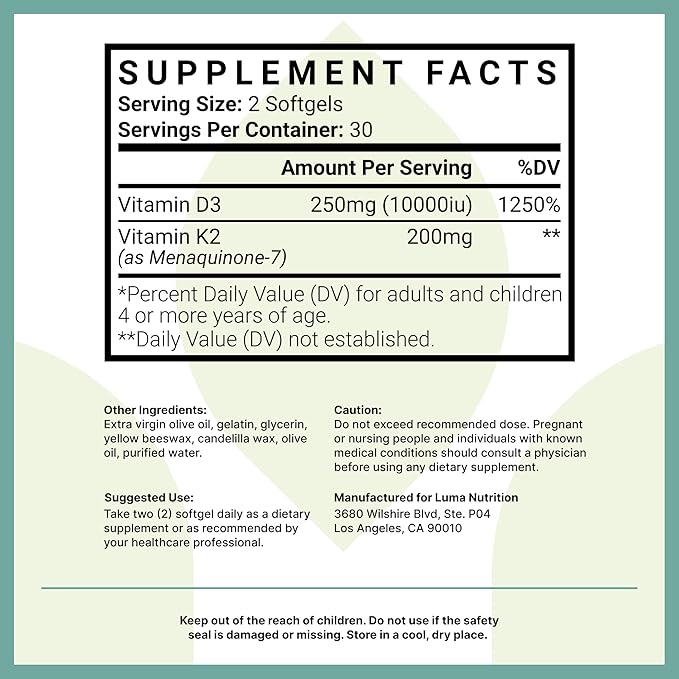Luma Nutrition D3 + K2 Vitamin 10000 IU - Bone and Heart Health Supplement - Max Strength Immune Support and Calcium Absorption - 60 Softgels