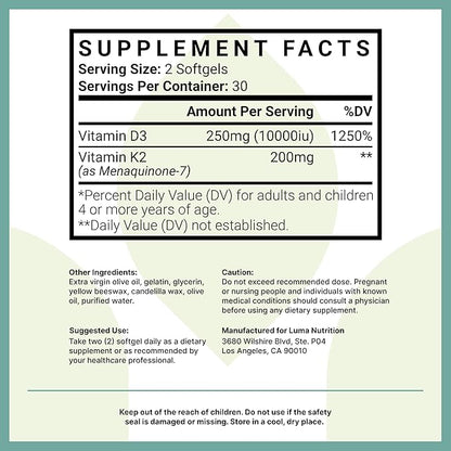 Luma Nutrition D3 + K2 Vitamin 10000 IU - Bone and Heart Health Supplement - Max Strength Immune Support and Calcium Absorption - 60 Softgels
