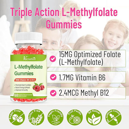L-Methylfolate 15 mg Gummies with Methyl B12, Folate Supplement for Mood, Brain Health, Immune Support, Raspberry Flavor, 120 Count