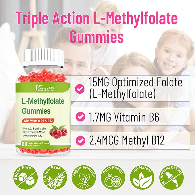L-Methylfolate 15 mg Gummies with Methyl B12, Folate Supplement for Mood, Brain Health, Immune Support, Raspberry Flavor, 60 Count