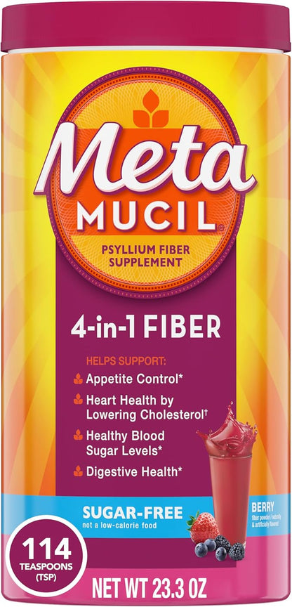 Metamucil Fiber, 4-in-1 Psyllium Fiber Supplement, Sugar-Free Powder, Berry Flavored Drink, 114 Servings (Packaging May Vary)