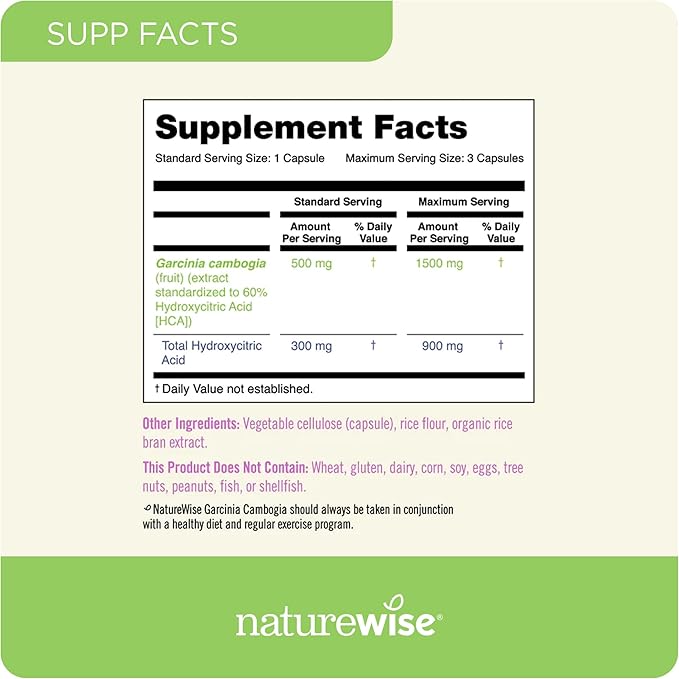 Naturewise Garcinia Cambogia with Natural Garcinia Cambogia Extract, 60% HCA Concentration, Natural Support for Weight Goals and Energy - Vegan, Non-GMO, Gluten Free - 90 Capsules[1-3 Month Supply]