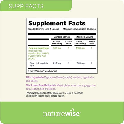 Naturewise Garcinia Cambogia with Natural Garcinia Cambogia Extract, 60% HCA Concentration, Natural Support for Weight Goals and Energy - Vegan, Non-GMO, Gluten Free - 90 Capsules[1-3 Month Supply]