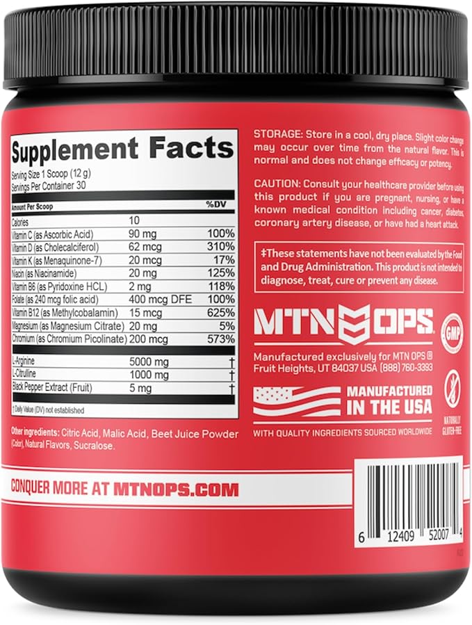 MTN OPS Enduro Nitric Oxide Supplement & Stim-Free Pre Workout - 30 Servings - with Magnesium Citrate, Beet Root Powder, Niacinamide, L Arginine & L Citrulline - Tiger's Blood Flavor