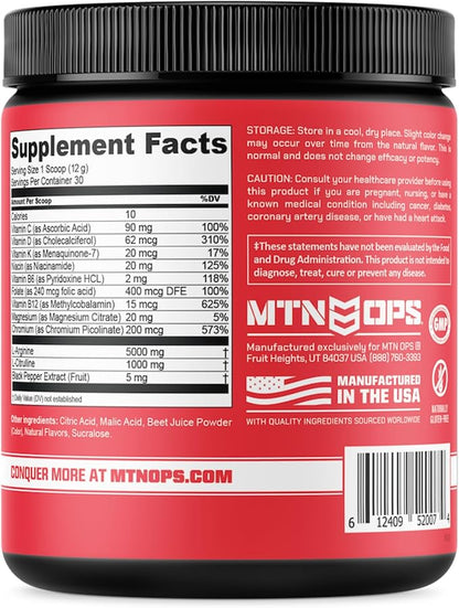 MTN OPS Enduro Nitric Oxide Supplement & Stim-Free Pre Workout - 30 Servings - with Magnesium Citrate, Beet Root Powder, Niacinamide, L Arginine & L Citrulline - Tiger's Blood Flavor