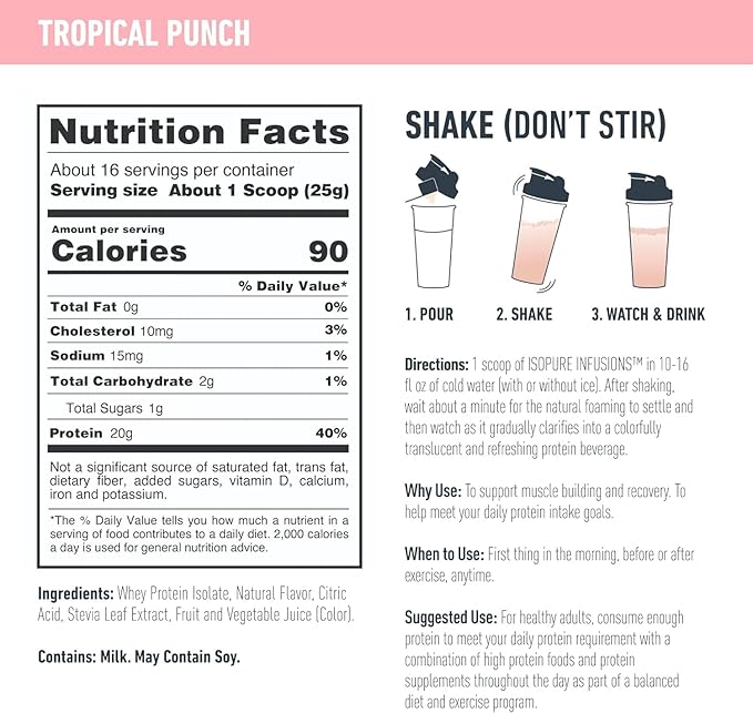 Isopure Protein Powder, Clear Whey Isolate Protein, Post Workout Recovery Drink Mix, Gluten Free with Zero Added Sugar, Infusions- Tropical Punch, 16 Servings