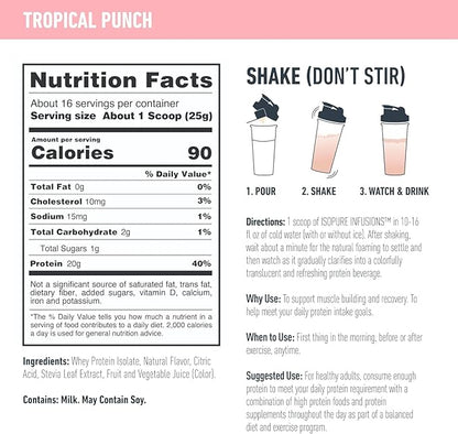 Isopure Protein Powder, Clear Whey Isolate Protein, Post Workout Recovery Drink Mix, Gluten Free with Zero Added Sugar, Infusions- Tropical Punch, 16 Servings