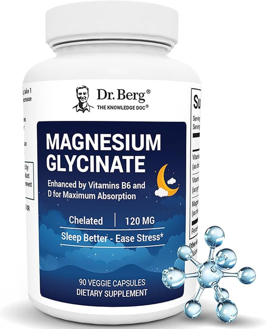 Dr. Berg Magnesium Glycinate with Vitamin D & B6 for Stress Relief, Calm, Relaxation, & Good Sleep* - 120 mg Magnesium Bisglycinate Capsules - High Absorption Chelated Magnesium Glycinate - 90 Caps