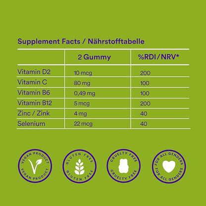 Probears® Immune Support Gummies - Vitamin C, Selenium, Zinc, Vitamins B6, B12 and D2 Organic Immunity Boost - Natural Vitamin Support for Adults - Vegan, Gluten Free, Gelatin Free, Halal - 60 Count