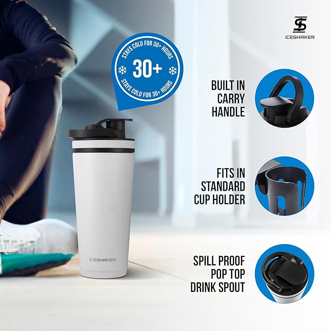 Ice Shaker Insulated Stainless Steel Shaker Bottle | 26oz, White | Cold for 30+ Hours | Insulated Cup with Twist-on Agitator | Odor-Free Shaker Cup for Protein Shakes, Water, Smoothies, Cocktails