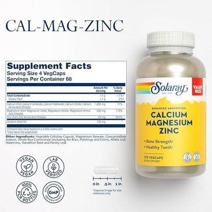 SOLARAY Calcium Magnesium Zinc Supplement - with Calcium 1000mg, Magnesium 500mg - Bone Health, Muscle Function, Heart Health and Immune Support - Vegan, 60 Day Guarantee, 68 Servings, 275 VegCaps