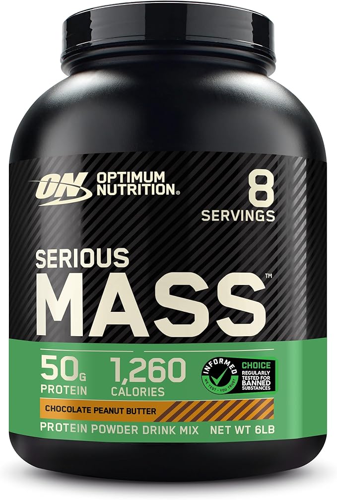 Optimum Nutrition Serious Mass, Weight Gainer Protein Powder, Mass Gainer, Vitamin C and Zinc for Immune Support, Creatine, Chocolate Peanut Butter, 6 Pound (Packaging May Vary)