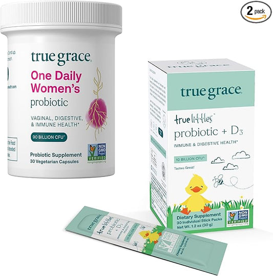True Grace One Daily Women's Probiotic (30 Vegetarian Tablets) + True Littles Probiotic + D3 (30 Individual Stick Packs)