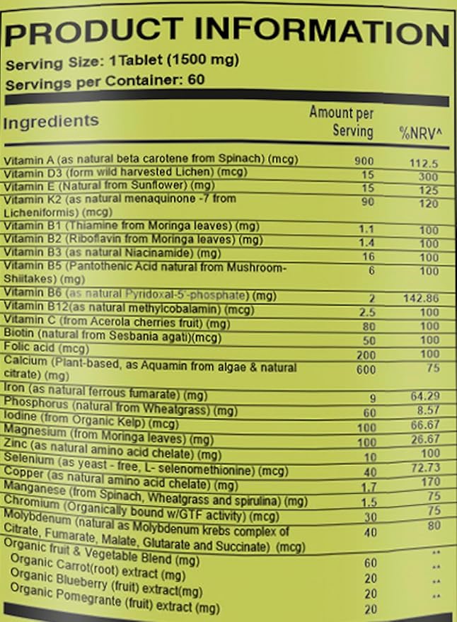 Pure Nutrition Whole Food Multivitamin for Women 1500mg. All Natural Plant Based Women's MULTIVITAMIN | Once Daily | 60 Tablets - 2 Months Supply.