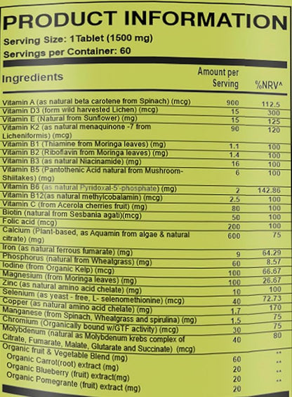 Pure Nutrition Whole Food Multivitamin for Women 1500mg. All Natural Plant Based Women's MULTIVITAMIN | Once Daily | 60 Tablets - 2 Months Supply.