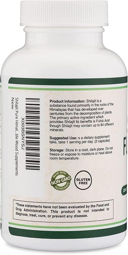 Shilajit Pure Himalayan Capsules (20% Fulvic Acid Supplement) 1,000mg of Authentic Shilajit Extract per Serving, 120 Count (High in Trace Minerals, No Fillers) by Double Wood
