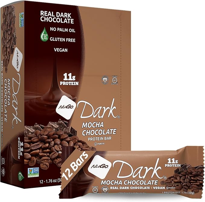 NuGo Dark Mocha Chocolate, 11g Vegan Protein, 200 Calories, Gluten Free,12 Count (Pack of 1)