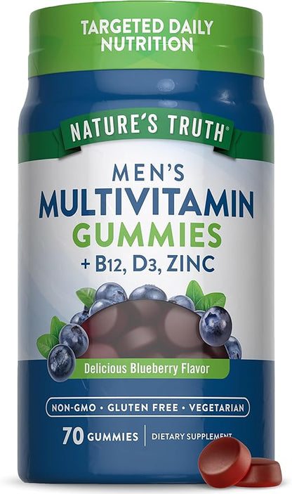Nature's Truth Multivitamin for Men Gummies | 70 Count | Blueberry Flavor | with B12, D3, & Zinc | Vegetarian, Non-GMO, & Gluten Free Supplement