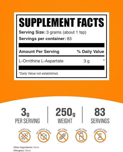 BulkSupplements.com L-Ornithine L-Aspartate Powder - Ornithine Supplement, Ornithine Powder - Amino Acid Supplement, Gluten Free, 3g per Serving, 250g (8.8 oz) (Pack of 1)