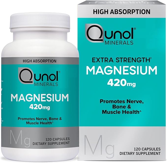 Qunol Magnesium Capsules 420mg, High Absorption Magnesium Supplement, Extra Strength, Bone and Muscle Health Supplement, 120 Count