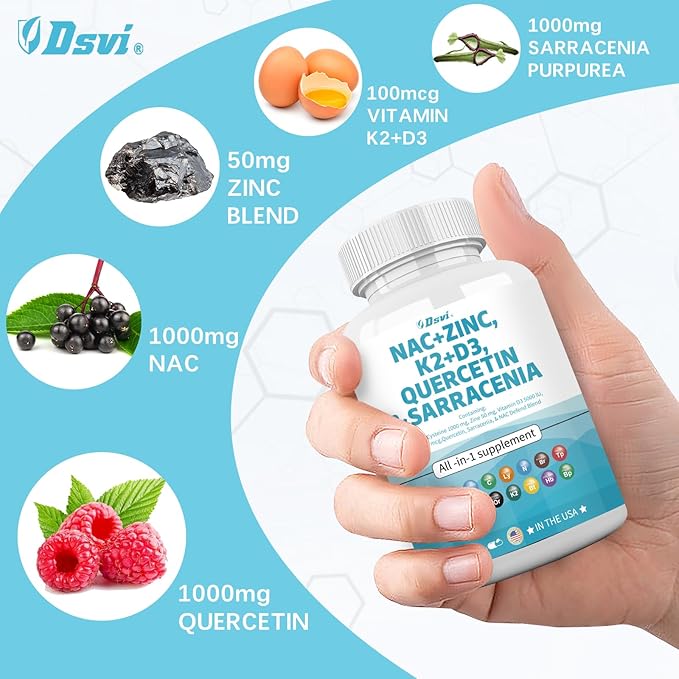 NAC Supplement N-Acetyl Cysteine 1000mg Vitamin D3 K2 Zinc Quercetin 1000mg Sarracenia Purpurea 1000mg with Elderberry Holy Basil Bee Propolis Bromelain L-Lysine for Men and Women,60 Count