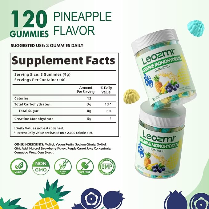 Creatine Monohydrate Gummies 5000mg for Men & Women, Chewables Creatine Monohydrate Supplement(120 Count)- Blueberry Pineapple